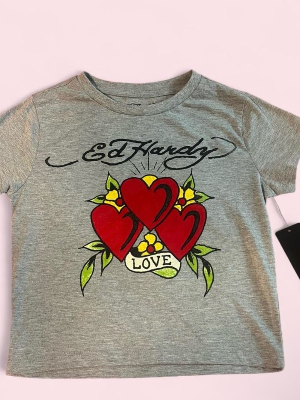 Ed Hardy Gray Baby Tee with Red Hearts Graphics